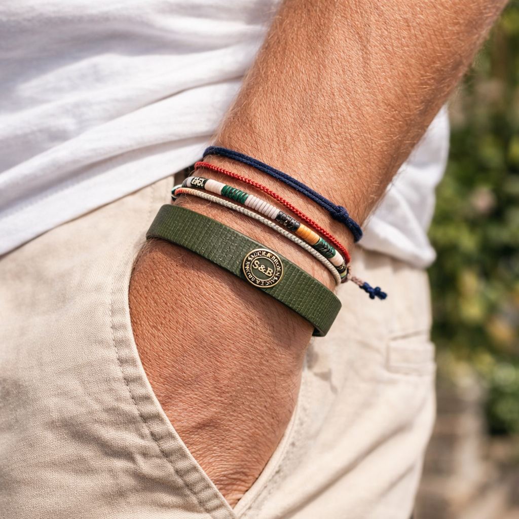 Khaki leather band worn on wrist by Sauce & Brown