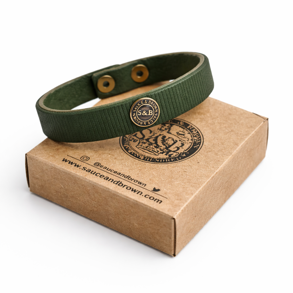 Khaki leather band with Sauce & Brown packaging