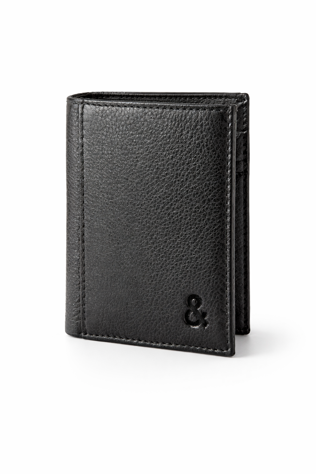 Closed black leather credit card holder with embossed logo by Sauce & Brown