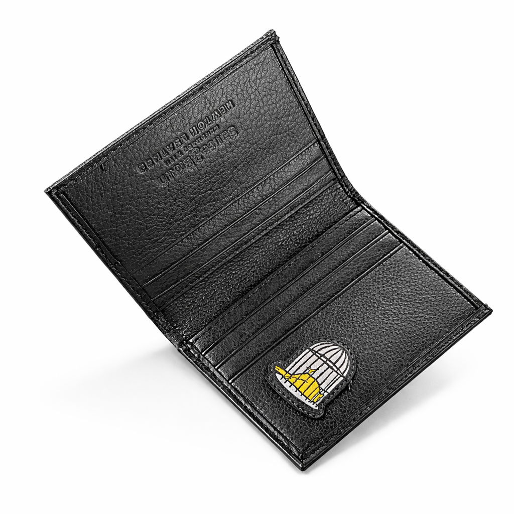 Leather credit card holder in black with embroidered logo and card slots by Sauce & Brown