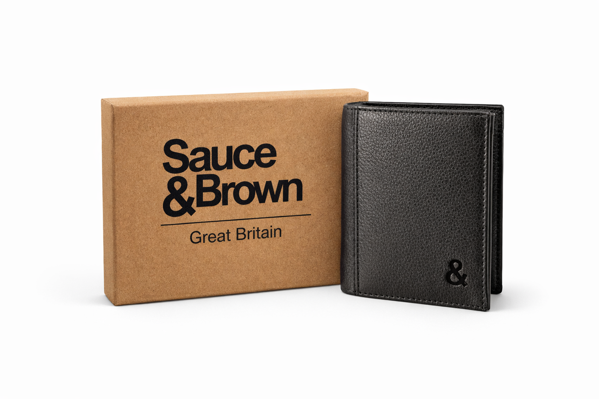 Sauce & Brown branded packaging for leather credit card holder
