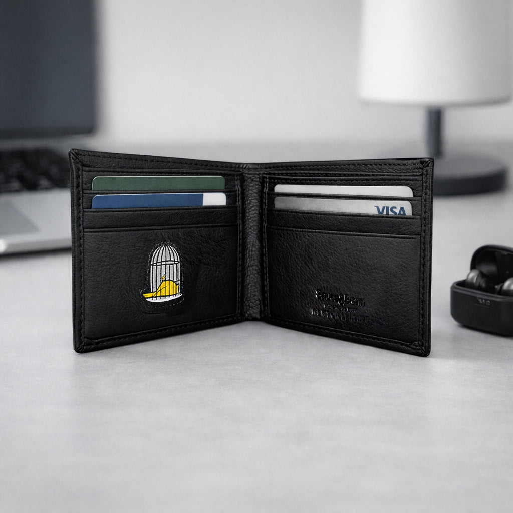 Open black leather credit card wallet showing card slots and interior by Sauce & Brown