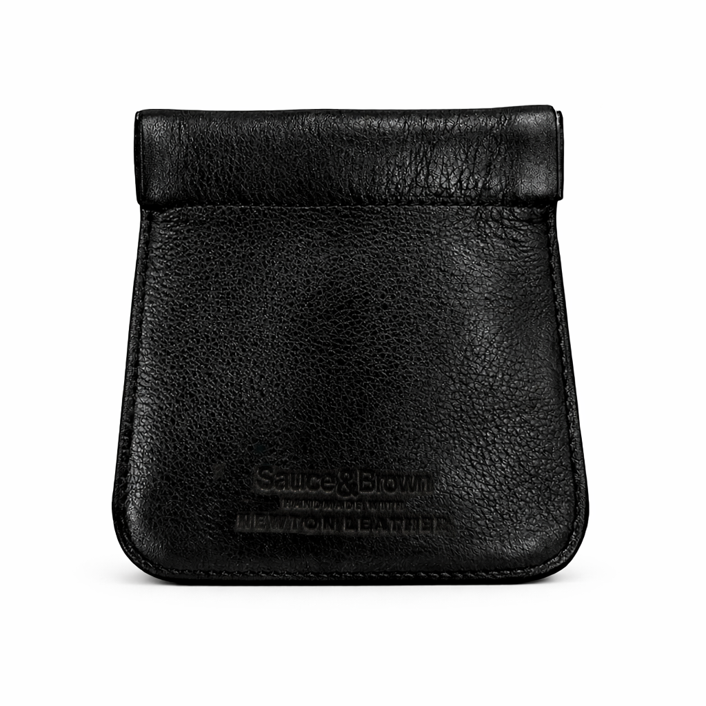 Rear view of black leather snap top coin holder by Sauce & Brown