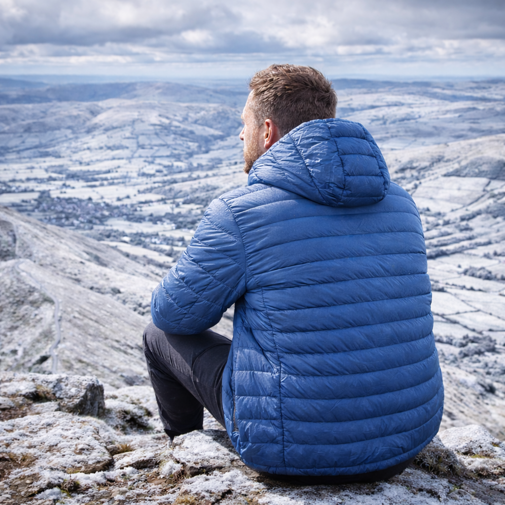 Model wearing Liberty Jacket in blue outdoors in mountain setting by Sauce & Brown