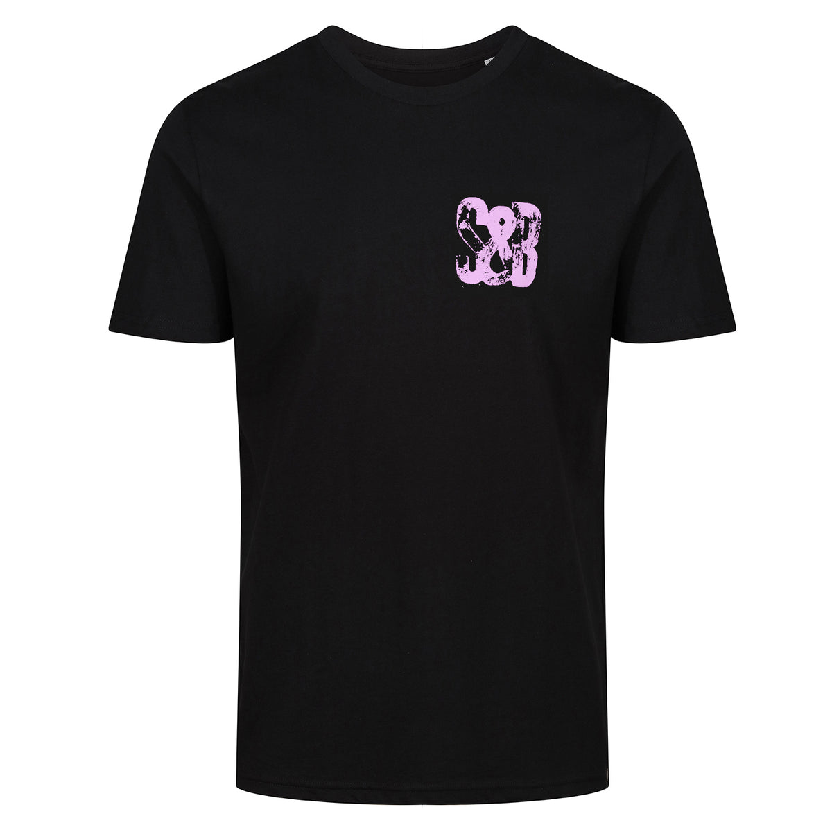 Front flat lay of Lilac Press Tee in black with lilac chest logo by Sauce & Brown