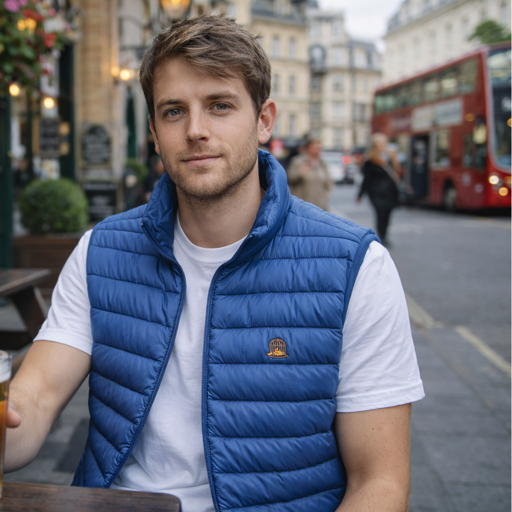 Model wearing Luna Gilet in blue outdoors by Sauce & Brown