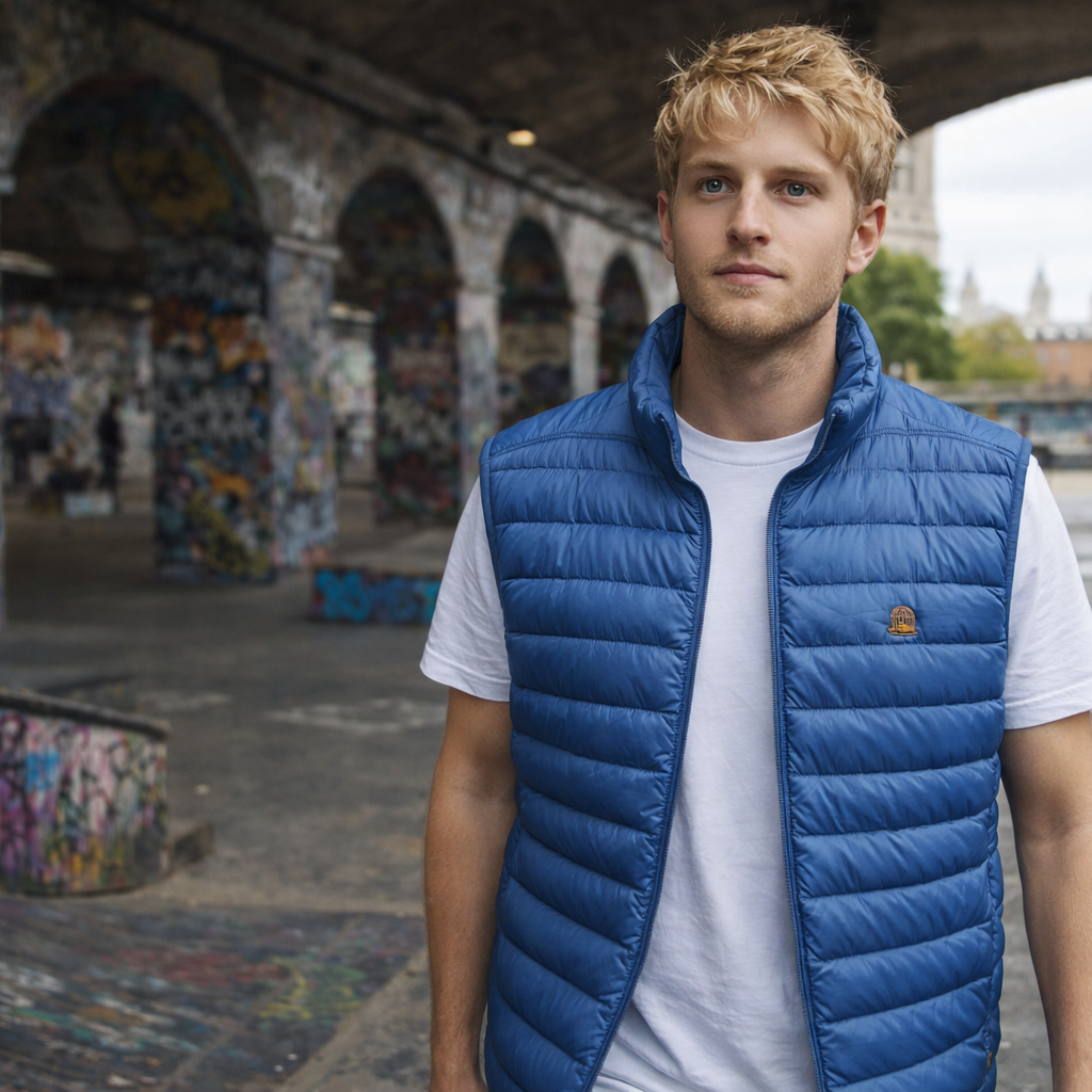 Model wearing Luna Gilet in blue outdoors in urban setting by Sauce & Brown