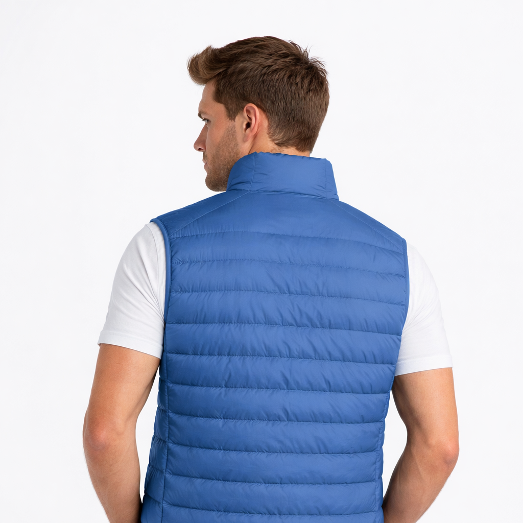 Rear view of Luna Gilet in blue worn by model by Sauce & Brown