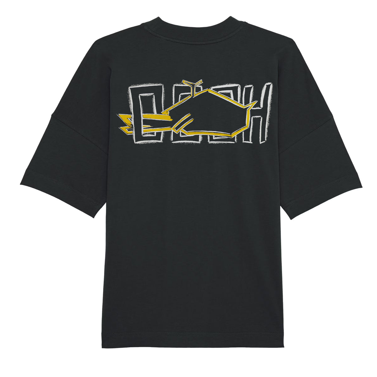 Rear flat lay of Magnitude Box T-Shirt in black with large yellow graphic by Sauce & Brown