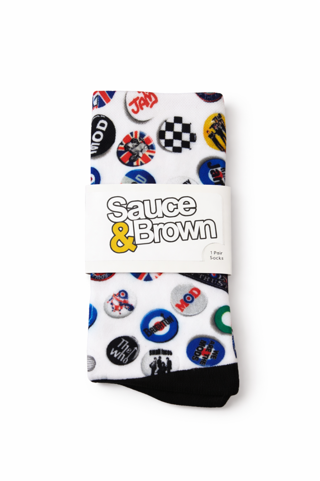 Folded Mod badge socks in white showing all-over badge print by Sauce & Brown