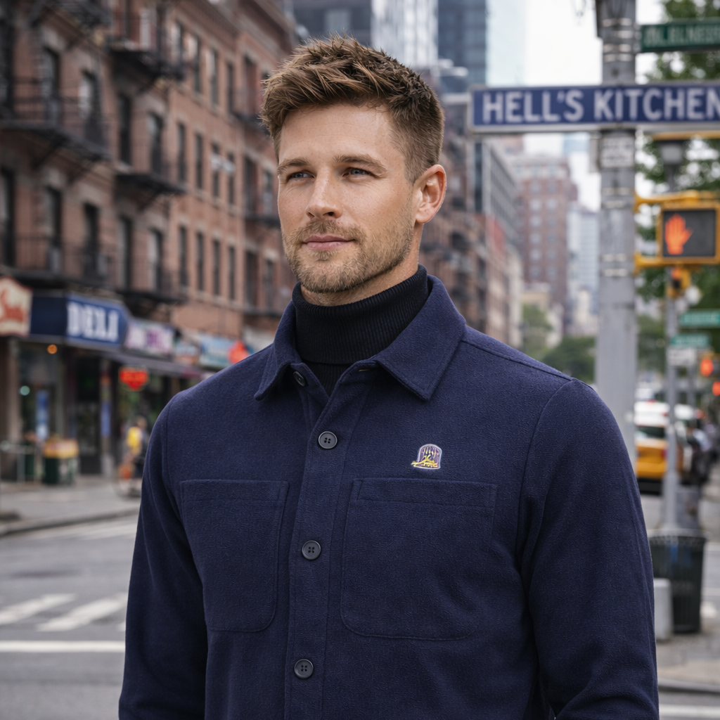 Model wearing North Jacket in navy outdoors in urban setting by Sauce & Brown
