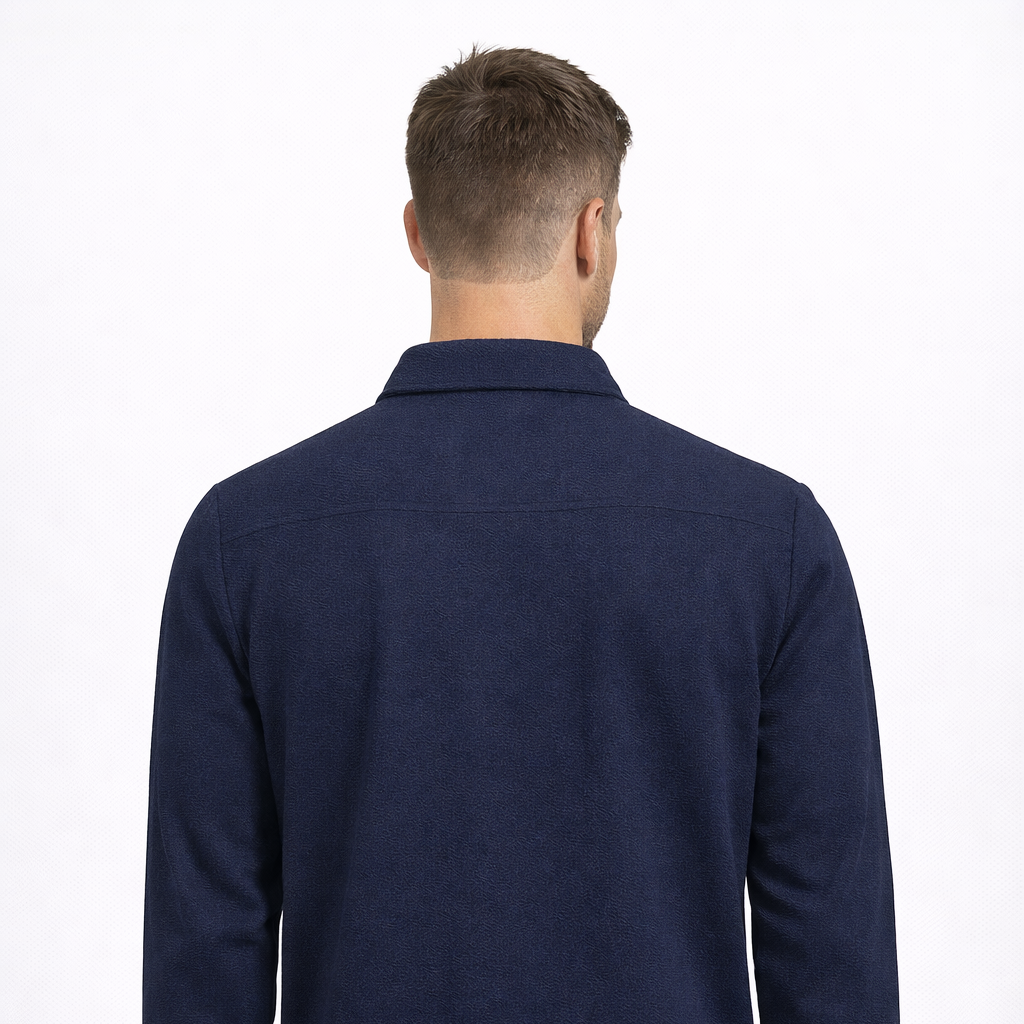 Rear view of North Jacket in navy worn by model by Sauce & Brown