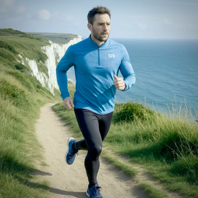 Model wearing Nova Sports Top in sky blue running outdoors by Sauce & Brown