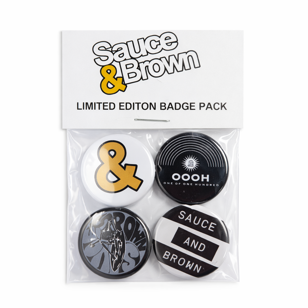 Sauce & Brown Limited Edition Pin Badge Pack with four enamel badges in packaging