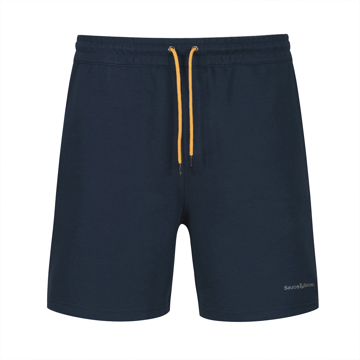Front view of Sauce & Brown navy shorts with yellow drawcord