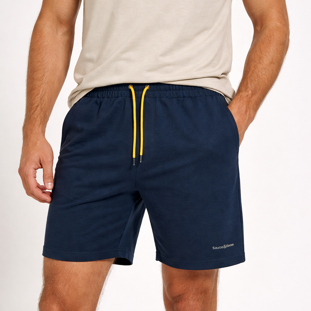 Sauce & Brown Shorts in navy with yellow drawcord worn by model