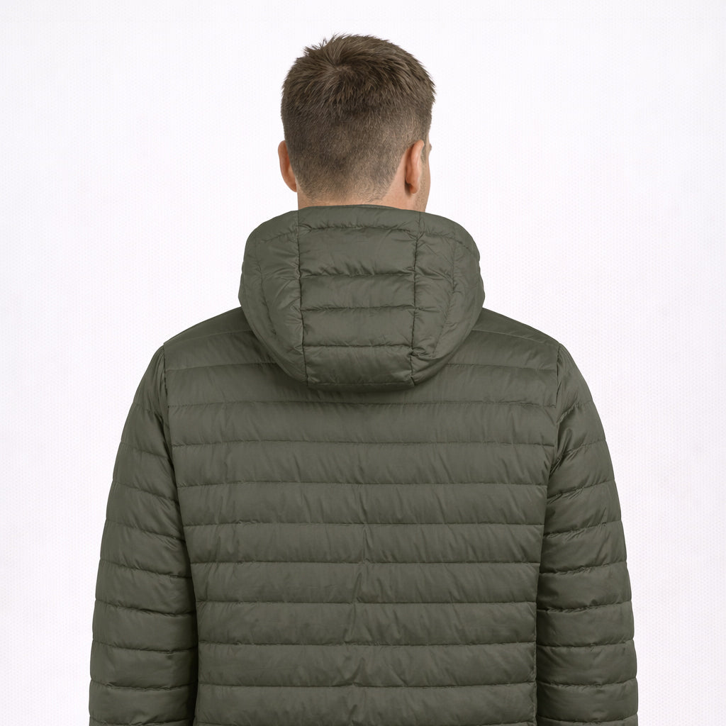 Rear view of Siege Jacket in olive green worn by model by Sauce & Brown