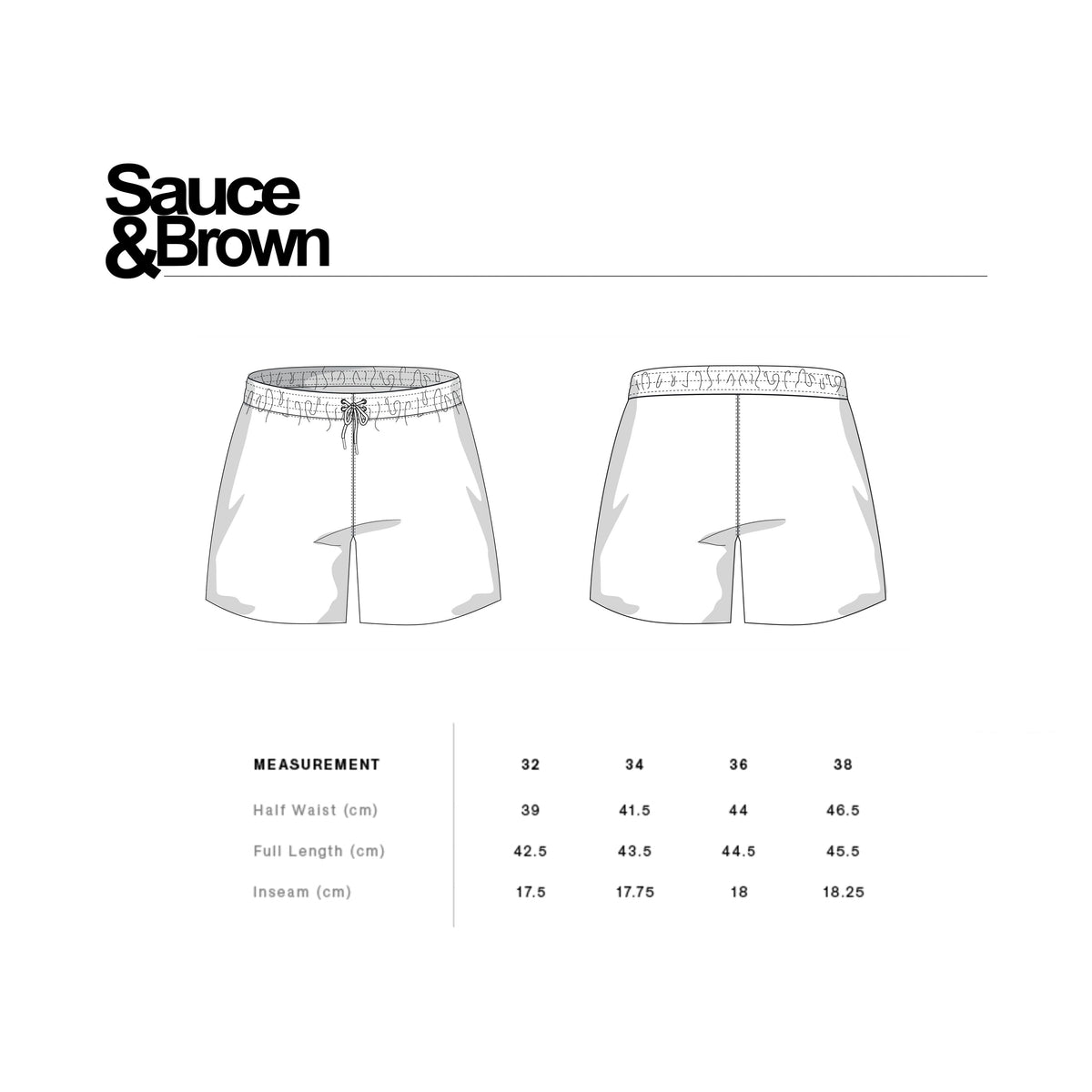 Sauce & Brown shorts size guide showing measurements and fit
