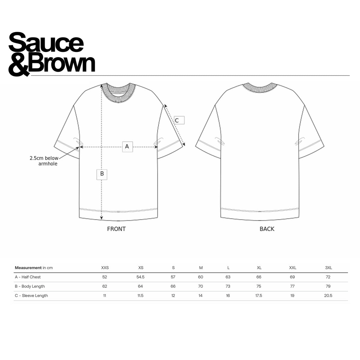 Sauce & Brown t-shirt size guide showing measurements and fit