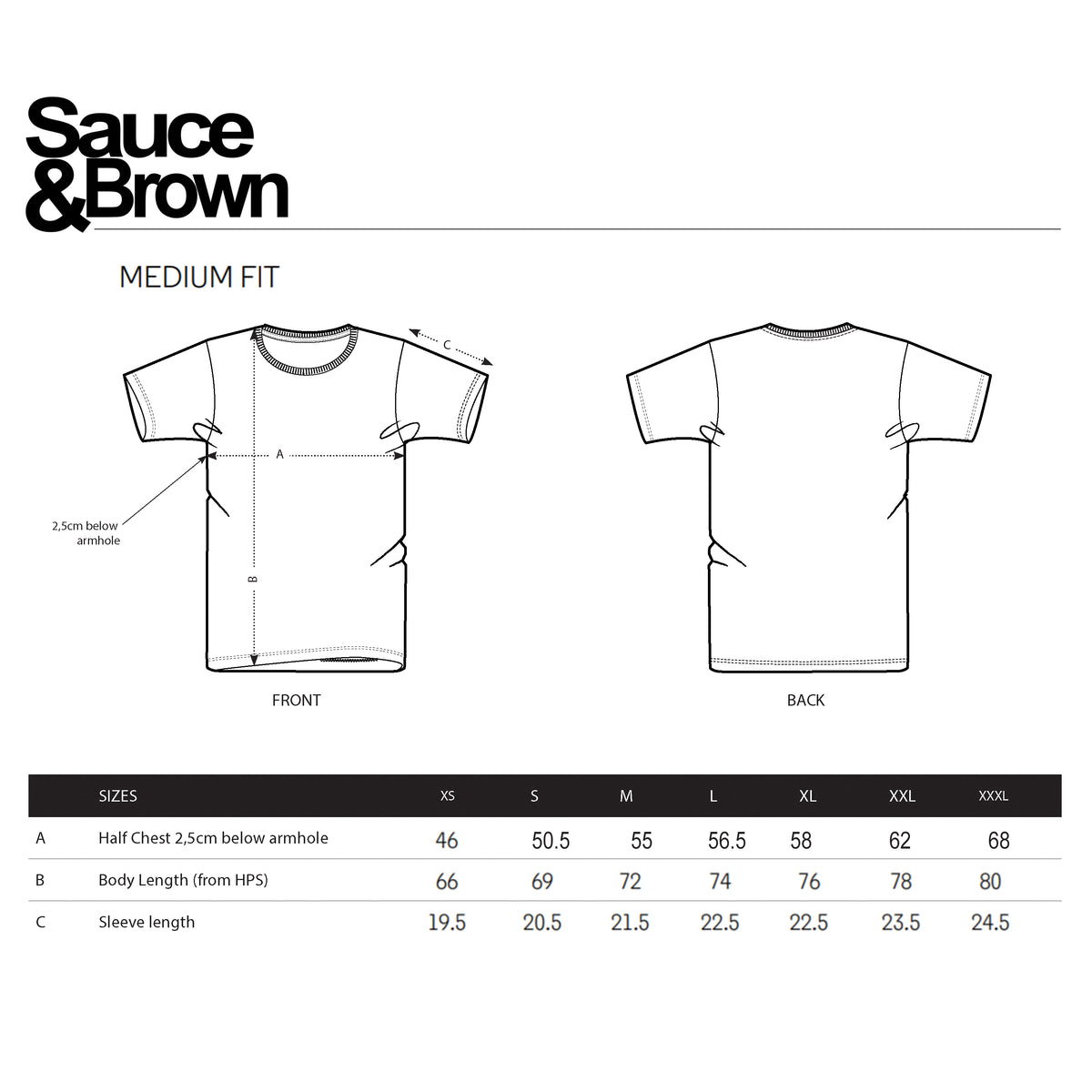 Sauce & Brown t-shirt size guide showing measurements and fit