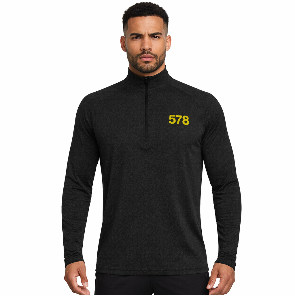 Slate Sports Top in black with yellow chest print worn by model by Sauce & Brown