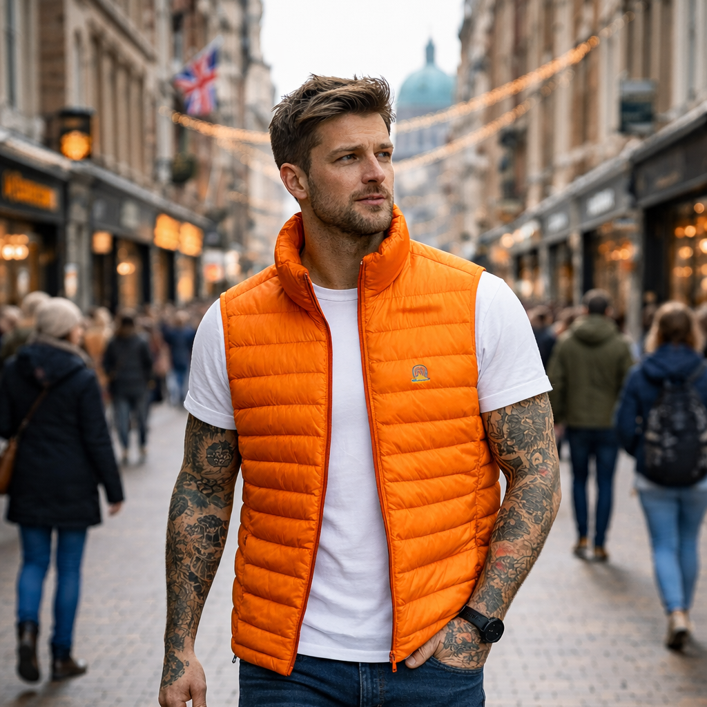 Model wearing Sol Gilet in orange outdoors in urban setting by Sauce & Brown