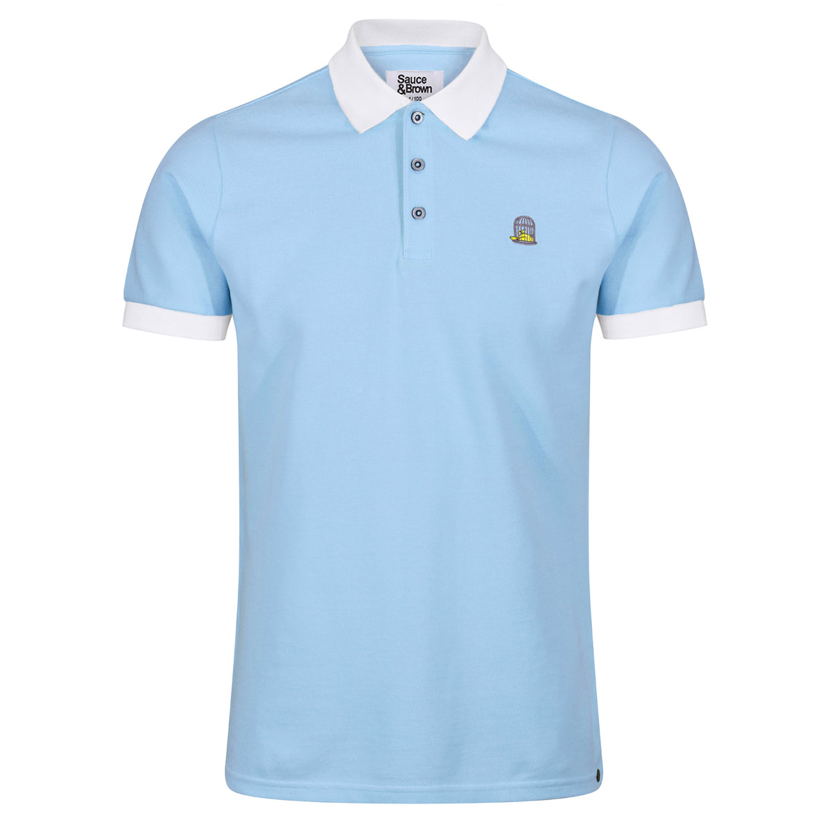 Front view of Sola Polo in sky blue with embroidered chest logo by Sauce & Brown