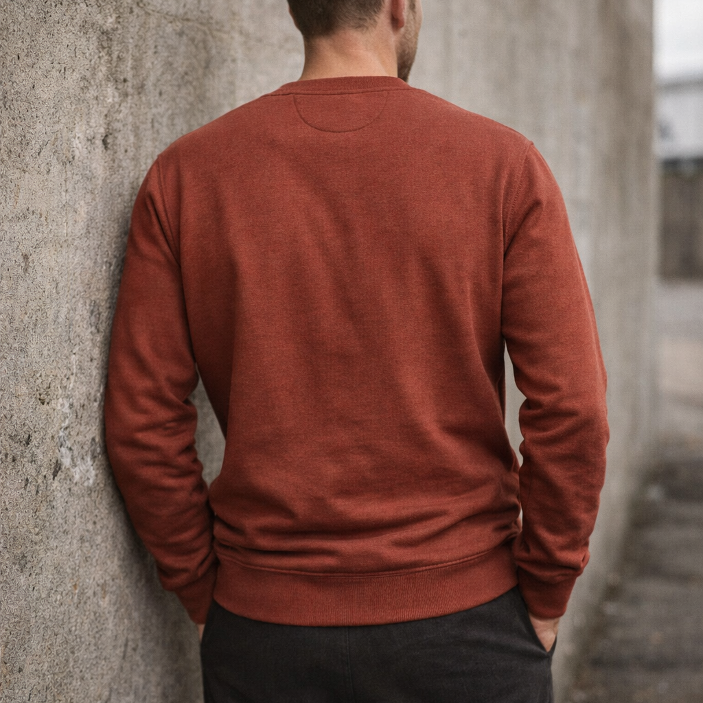 Rear view of State Sweatshirt in Earth Red