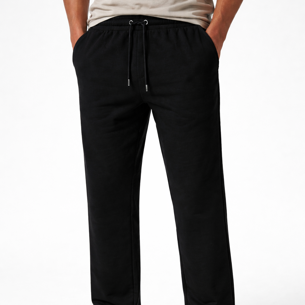 Straight Leg Joggers in black worn by model by Sauce & Brown