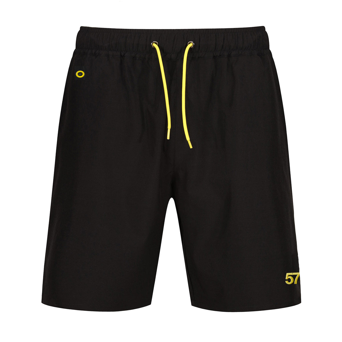 Front view of Sauce & Brown black swim shorts with yellow drawcord