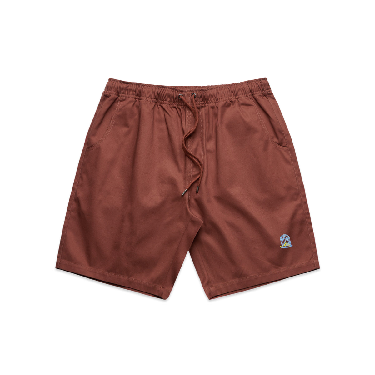Angled view of Terra Shorts in earth red by Sauce & Brown