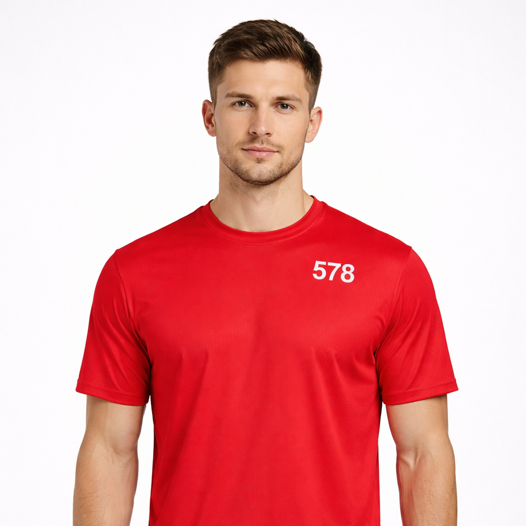 Trent Sports Top in red with white chest print worn by model by Sauce & Brown