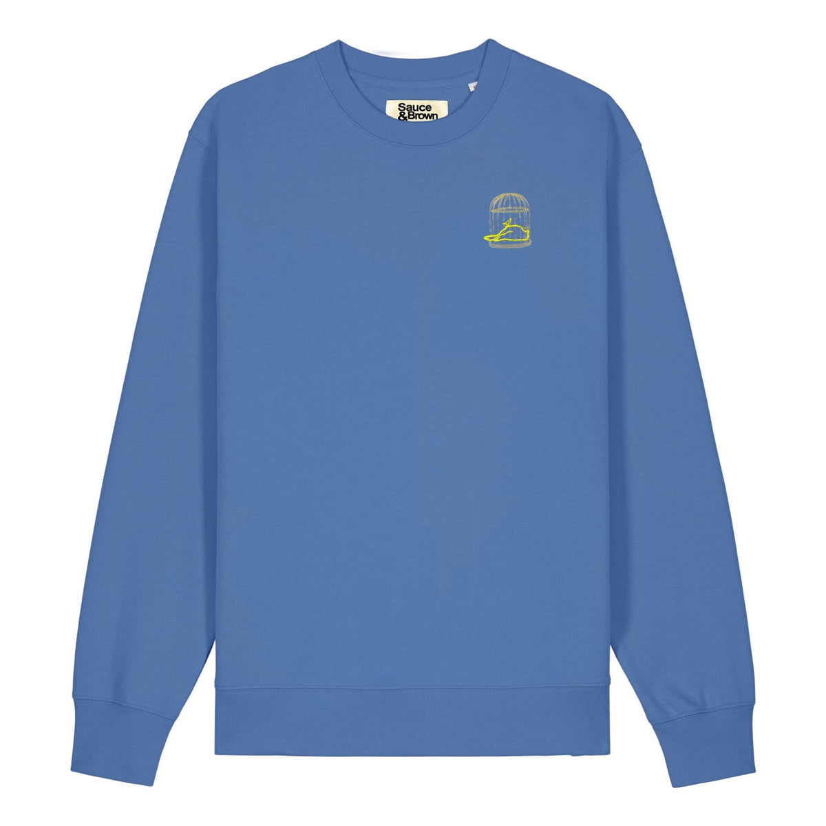 Blue sweatshirt with a small logo on the chest against a white background