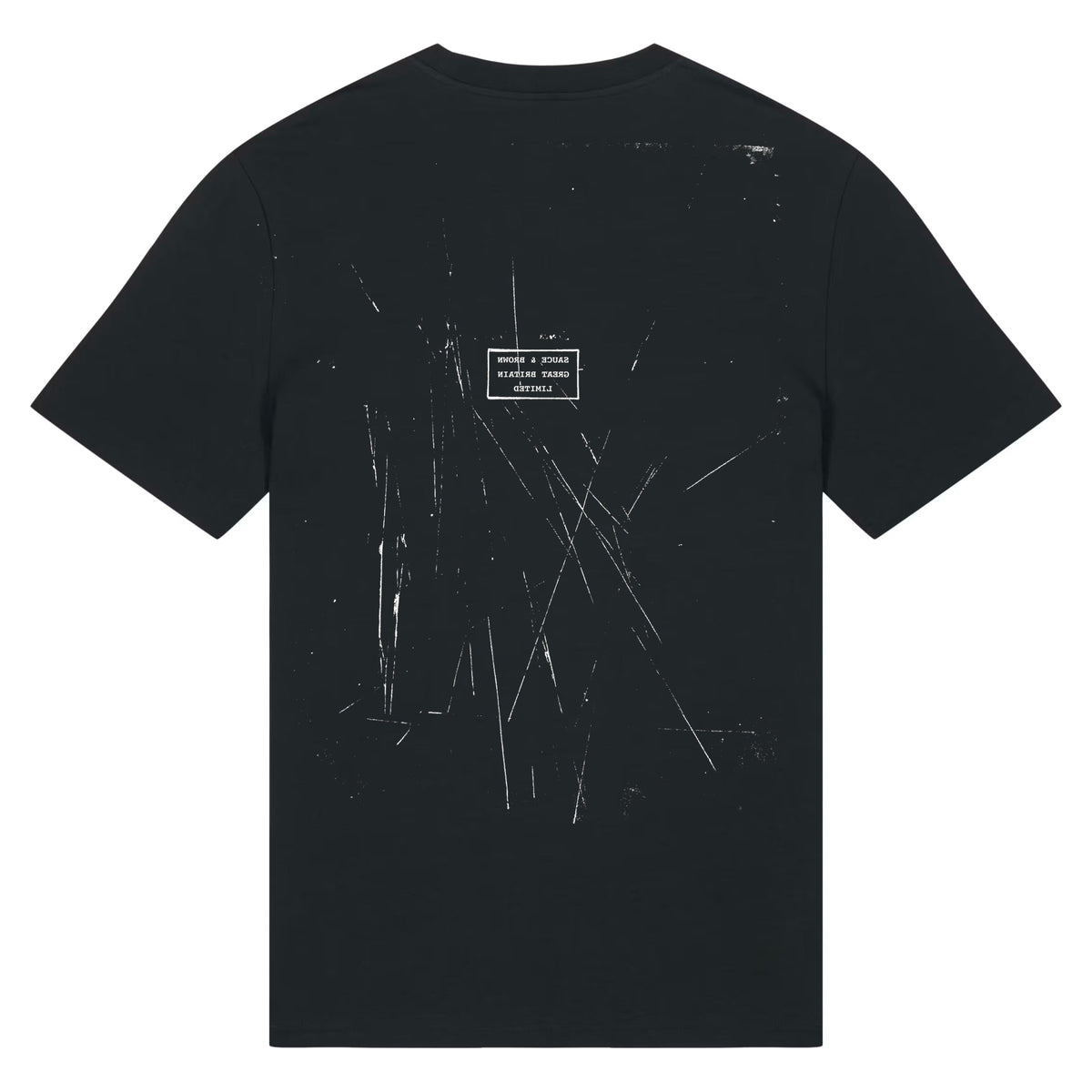 Rear view of the Sauce & Brown Scratchback black T-Shirt with signature chest patch.