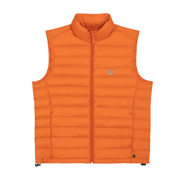 Sauce & Brown Orange puffer vest on a white background