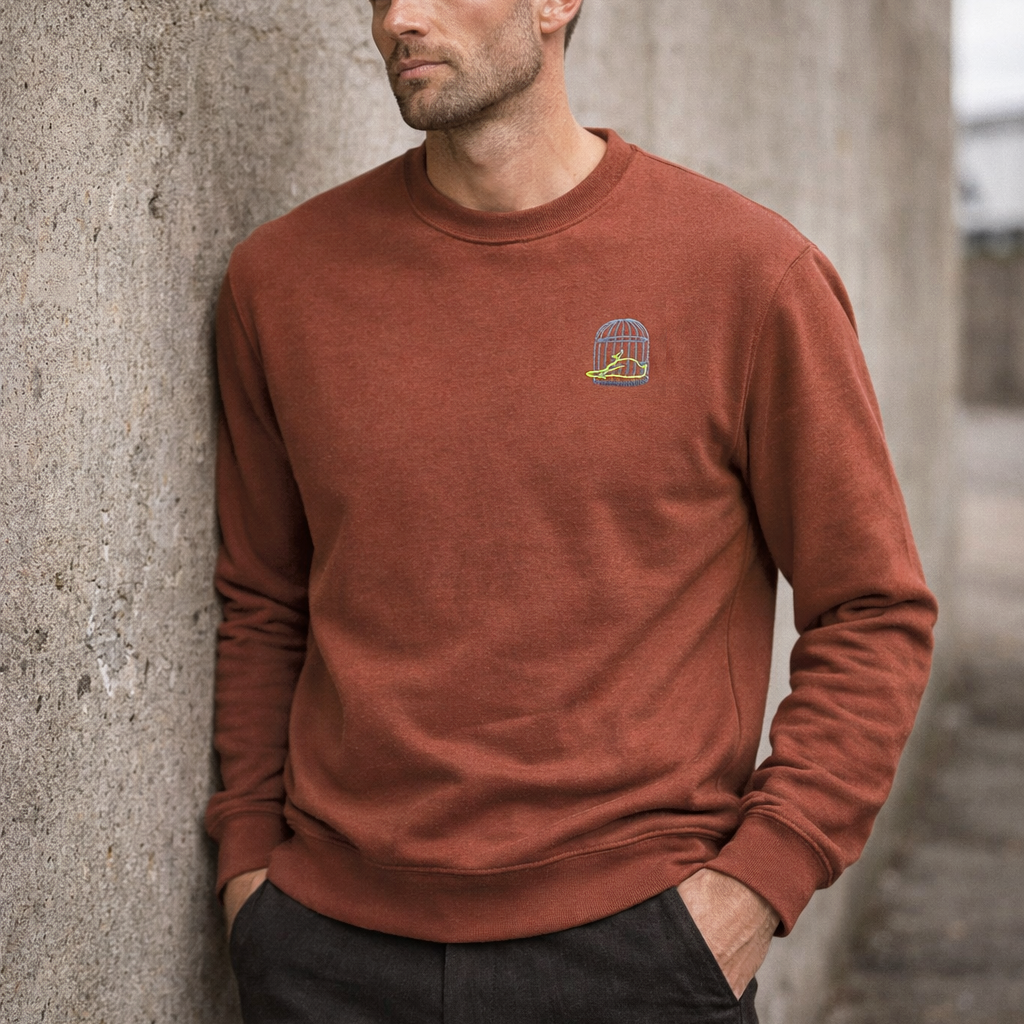State Sweatshirt in Earth Red worn outdoors