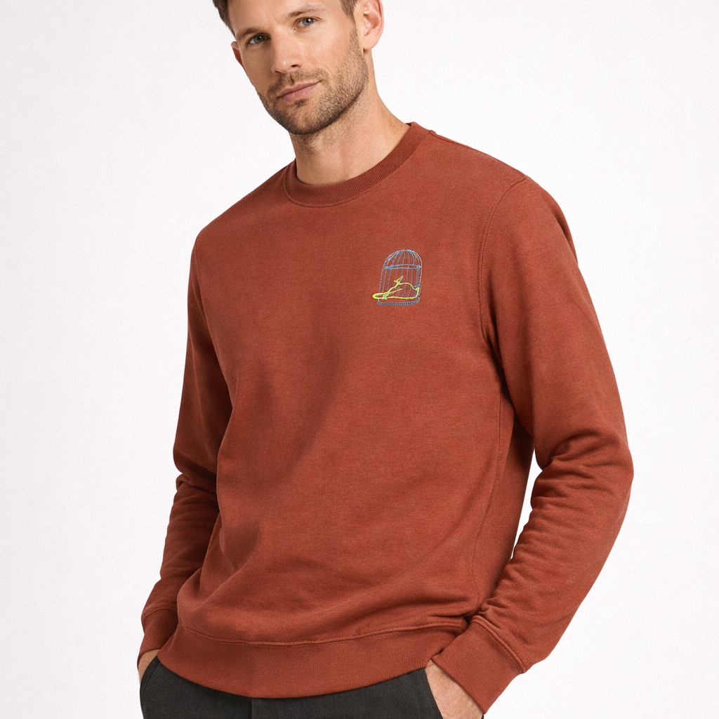 Model wearing State Sweatshirt in Earth Red