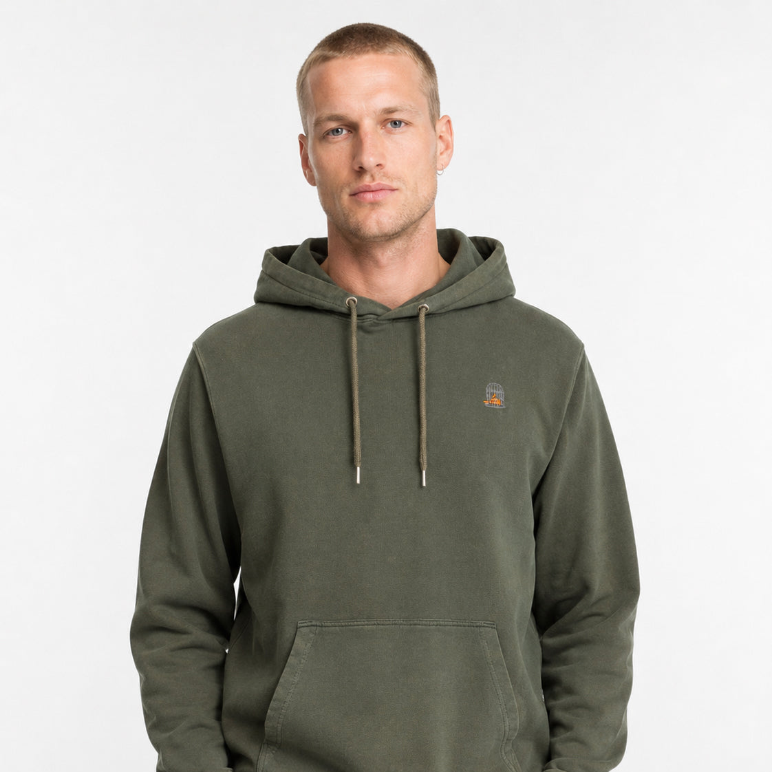 Men's khaki green Tarn hoodie by Sauce & Brown with embroidered birdcage logo, front studio view.
