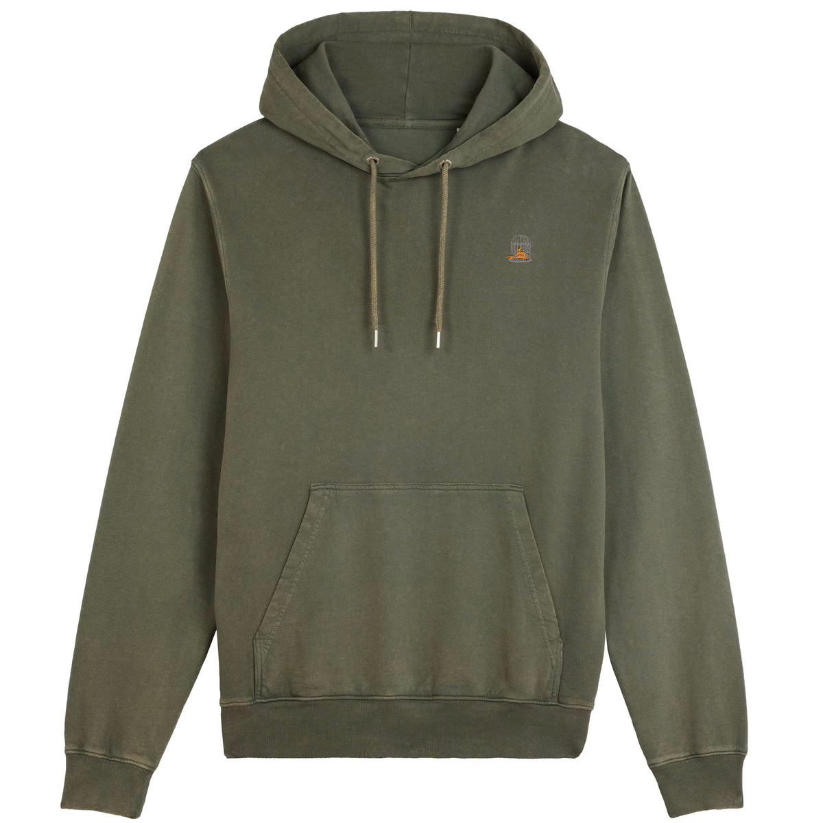 Front view of the khaki green Tarn hoodie by Sauce & Brown featuring embroidered birdcage logo.