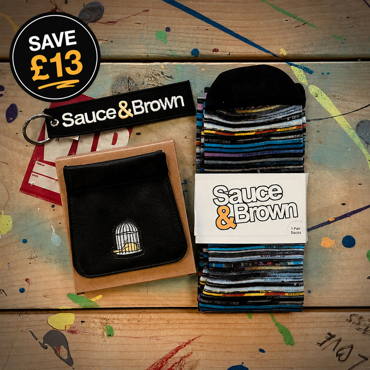Sauce & Brown Utility Bundle with snap wallet, flight tag and premium socks. Save £13 when bought together.