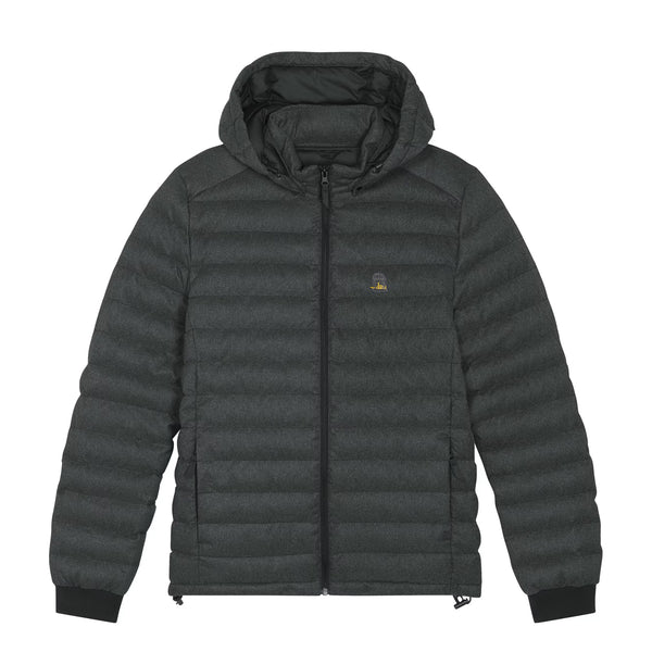 Sauce & Brown Dark grey puffer jacket with a hood on a white background