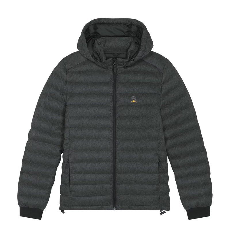 Sauce & Brown Dark grey puffer jacket with a hood on a white background