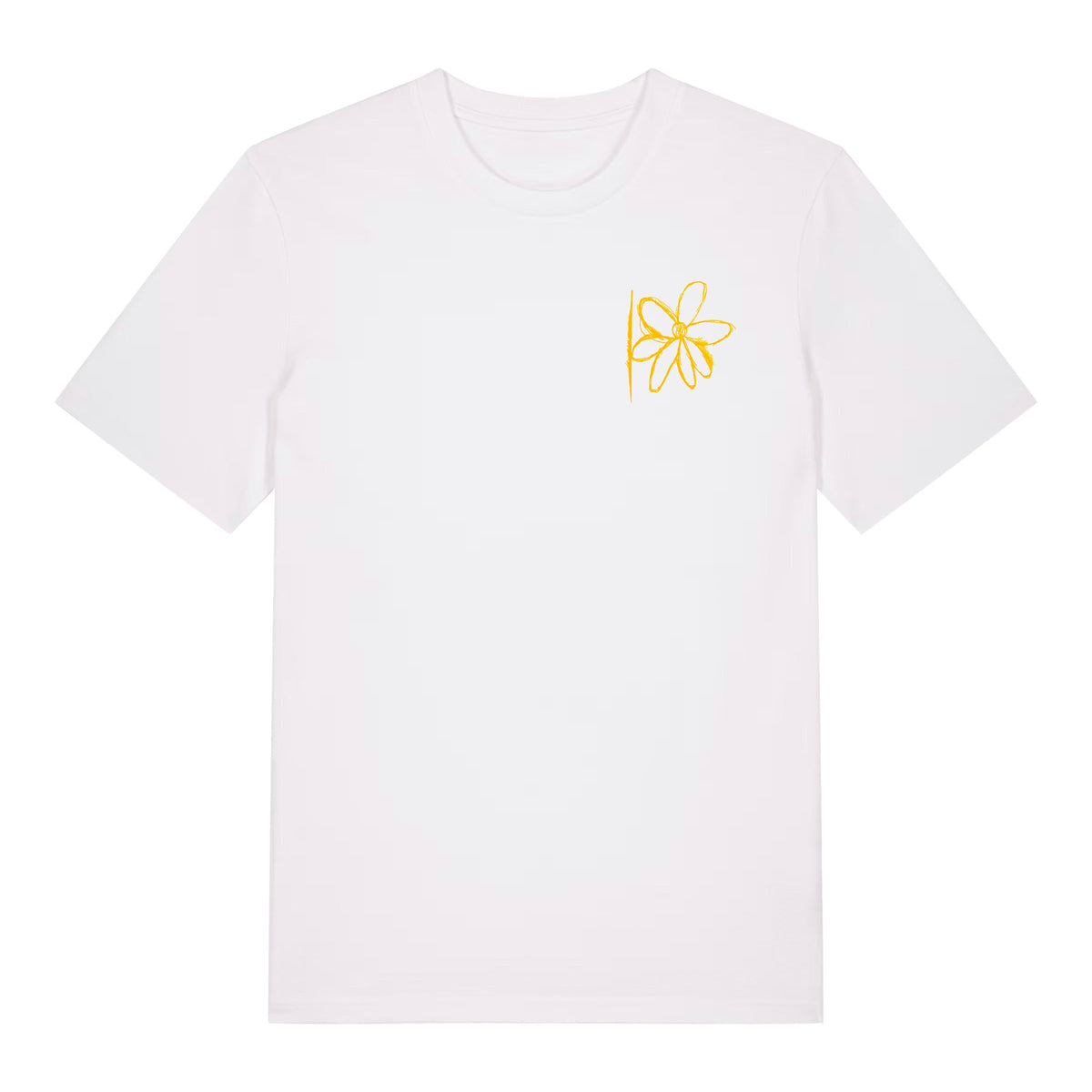 White organic cotton T-shirt with yellow flower graphic on chest, front product view