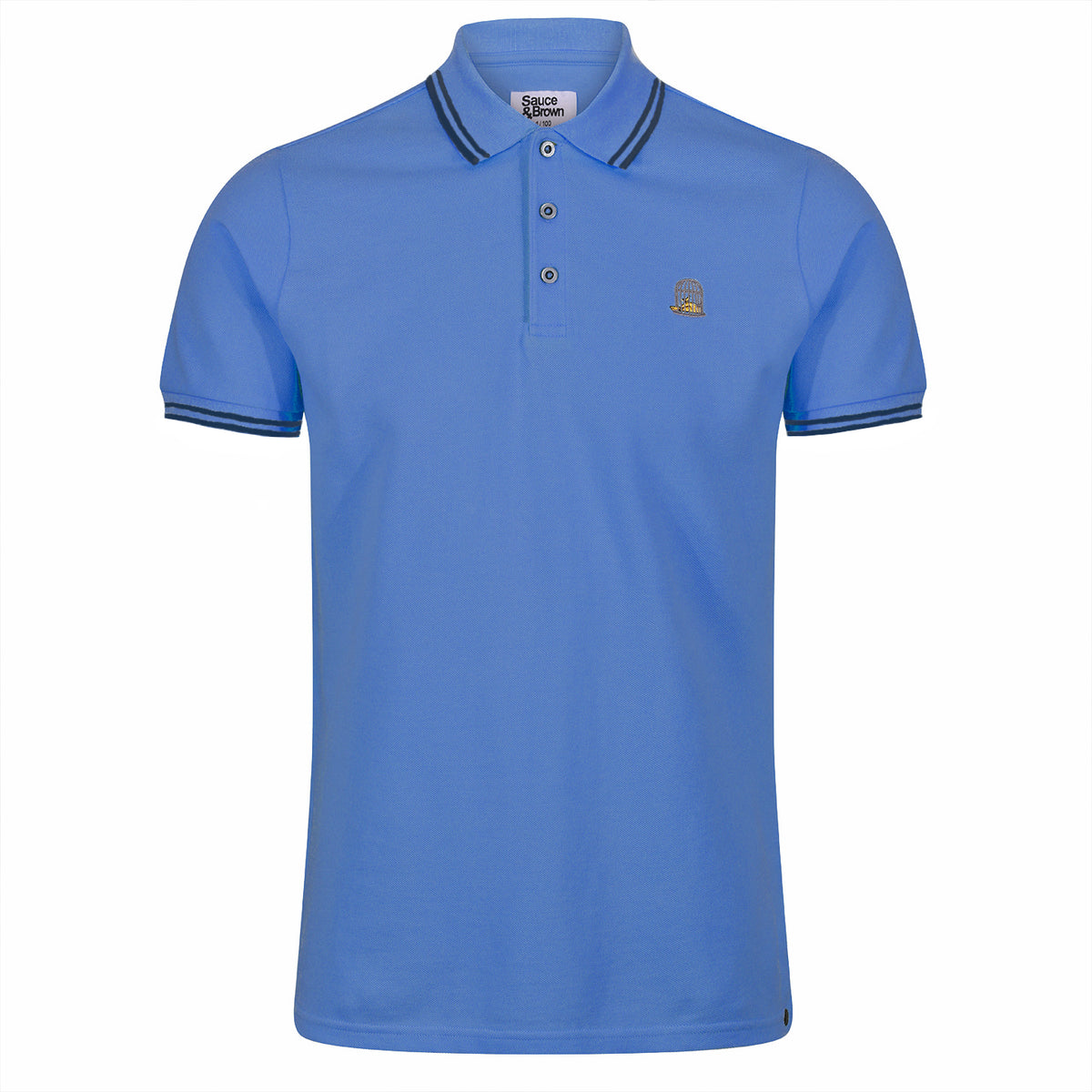 Mariner blue polo shirt with navy tipping and canary embroidery detail, front view