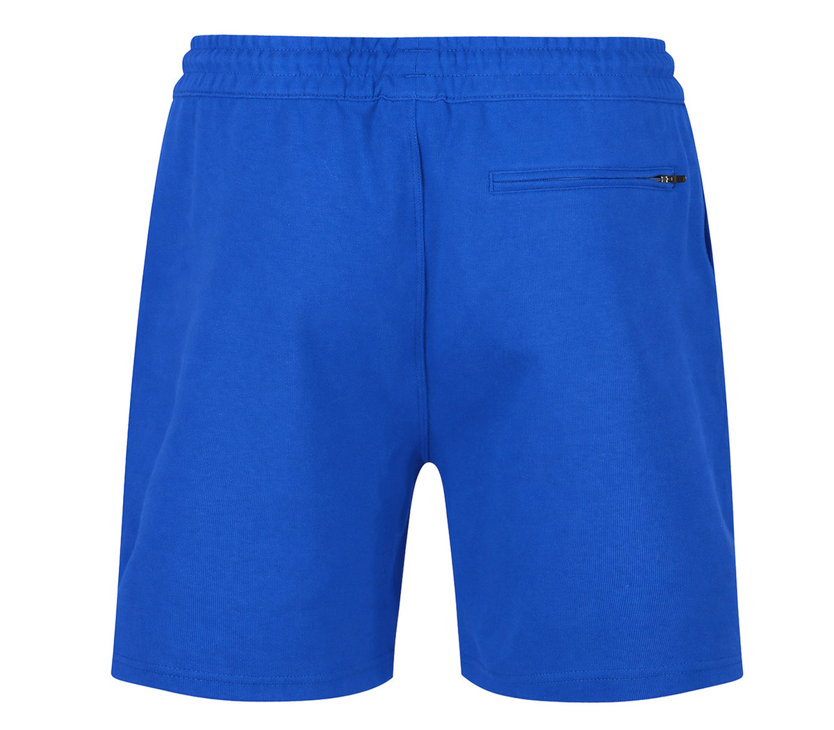 Blue Piero shorts rear view with zip back pocket on plain background