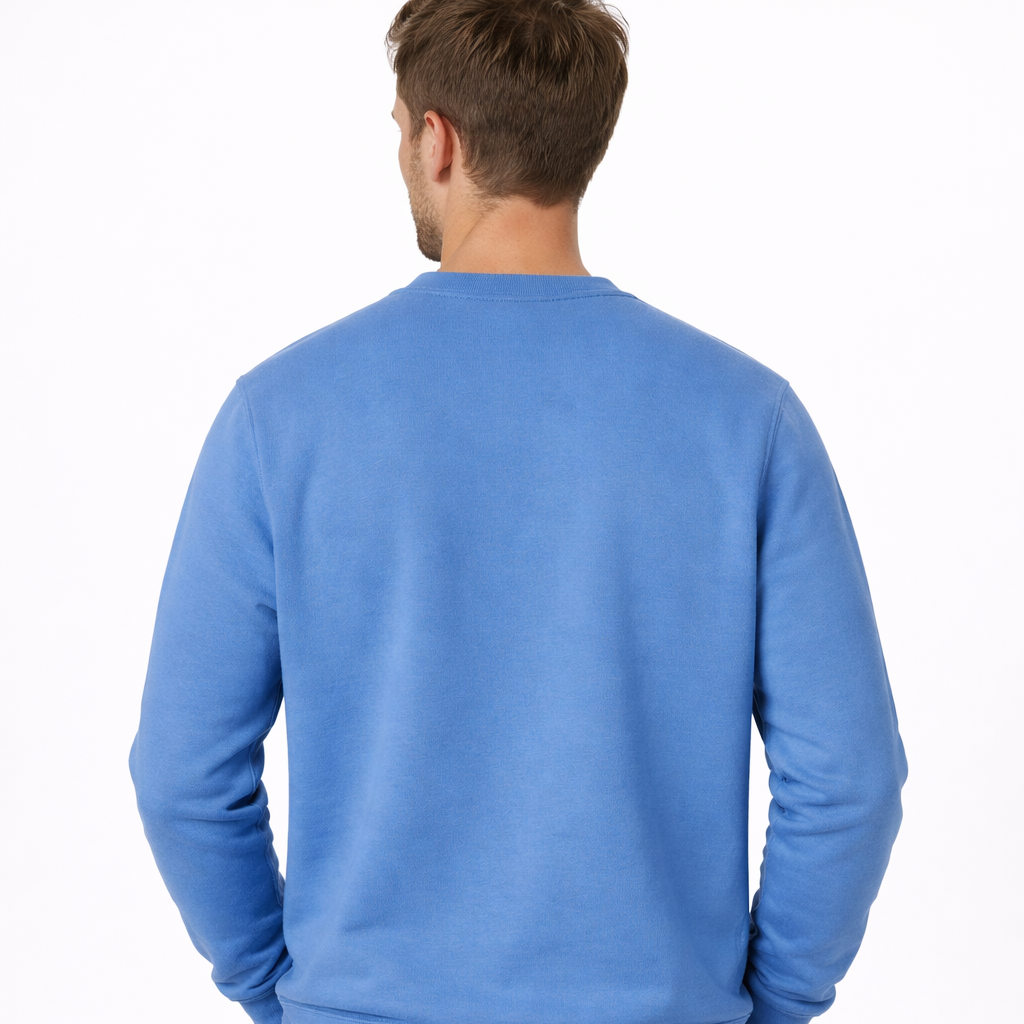 Rear view of male model wearing Sauce & Brown blue crewneck sweatshirt