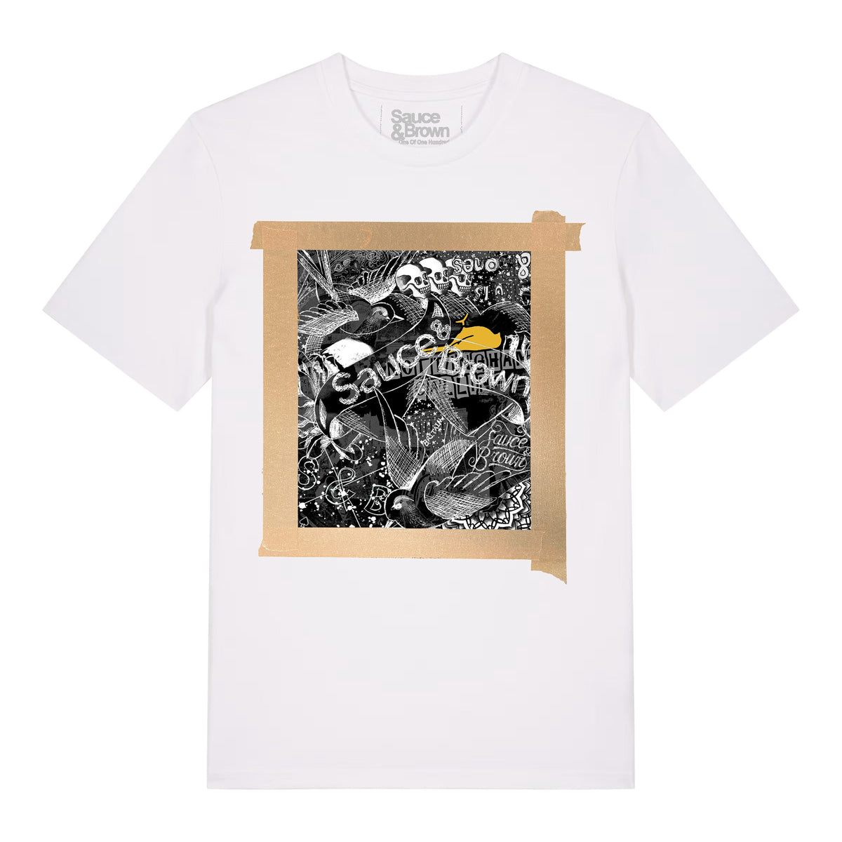 Sauce & Brown Project T-Shirt white front view showing graphic print artwork
