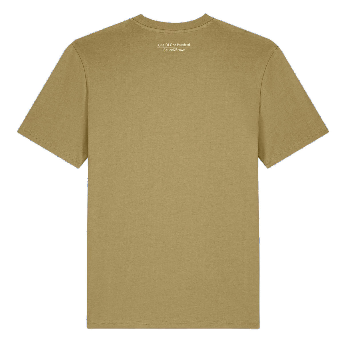 Back view of Sauce & Brown Roots faded olive mens t-shirt featuring One Of One Hundred back print