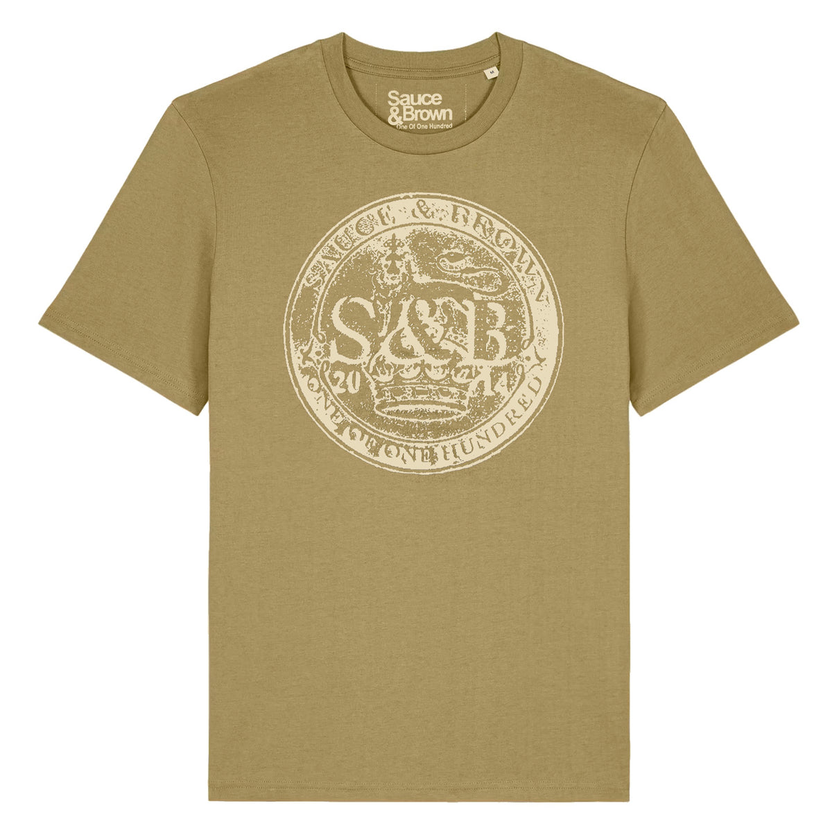 Sauce & Brown Roots faded olive mens t-shirt with vintage crest graphic and relaxed modern fit