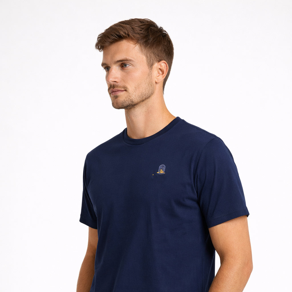Sauce & Brown navy t-shirt angled view showing fit and silhouette